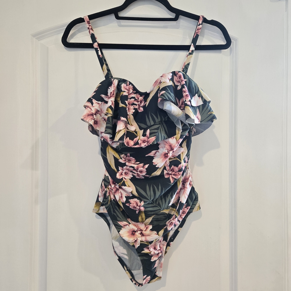 Kona Sol Bandeau Flounce Floral One Piece Swimsuit - Tropical Ruffle